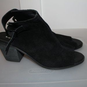 Kelsi Dagger Brooklyn Black Suede Ankle Strap Open Toe Booties | US 10